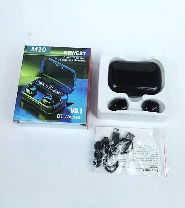 Black M10 TWS Wireless Earbuds - Bluetooth 5.1 + Charging Case
